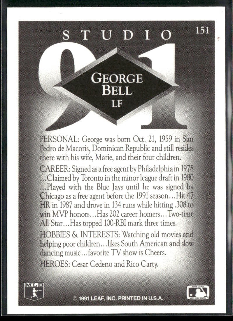 George Bell Player Lot Bundle 10 Different Baseball Cards GB001 Cubs back
