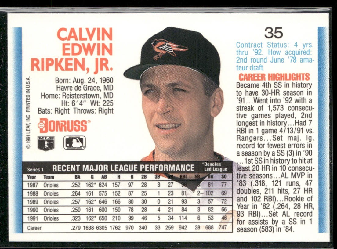 Cal Ripken Jr. Player Lot Bundle 10 Different Baseball Cards CRJ001 Orioles back