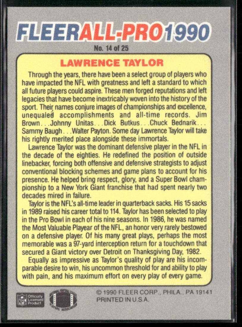 Lawrence Taylor Player Lot Bundle 10 Different Football Cards LT003 Giants back