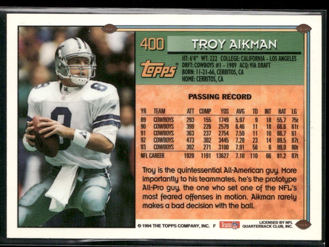 Troy Aikman Player Lot Bundle 10 Different Football Cards TA002 Cowboys back