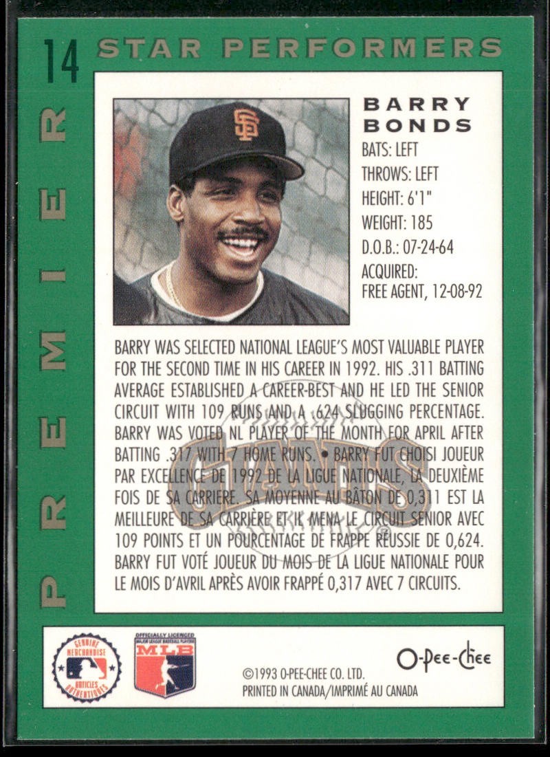 Barry Bonds Player Lot Bundle 10 Different Baseball Cards BB003 Giants Pirates back