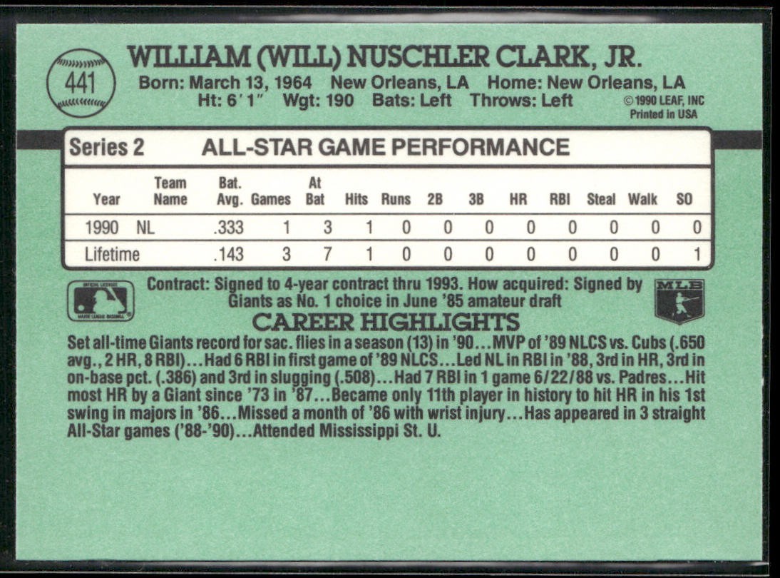 Will Clark Player Lot Bundle 10 Different Baseball Cards WC001 Giants back