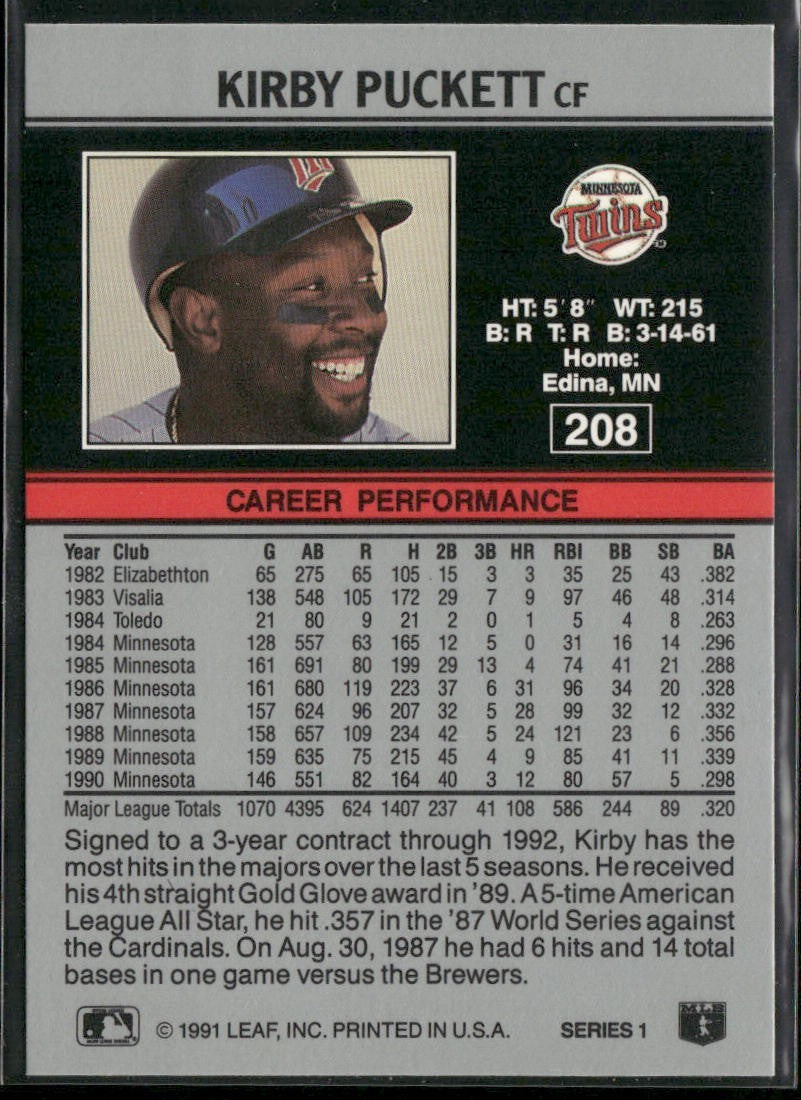 Kirby Puckett Player Lot Bundle 10 Different Baseball Cards KP001 Twins back