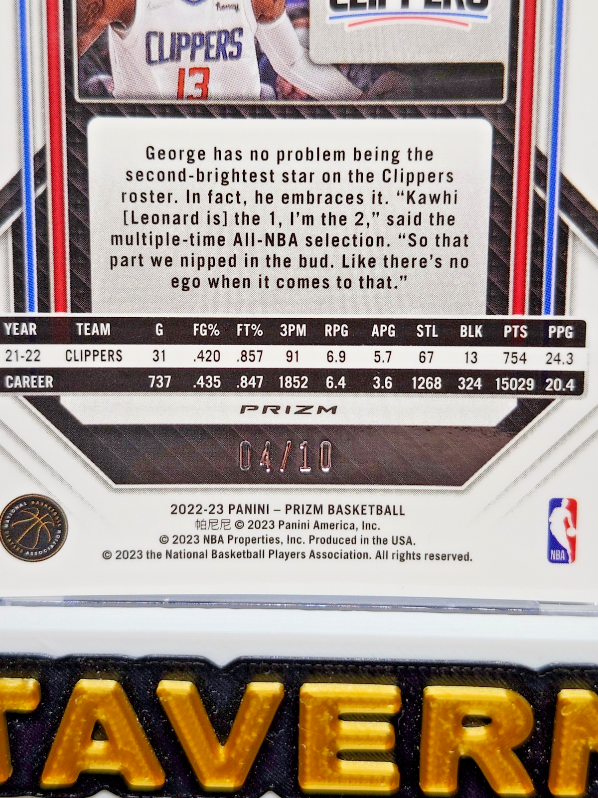 Paul George 2022 Panini Prizm Basketball Gold Wave /10 Los Angeles Clippers HoF back