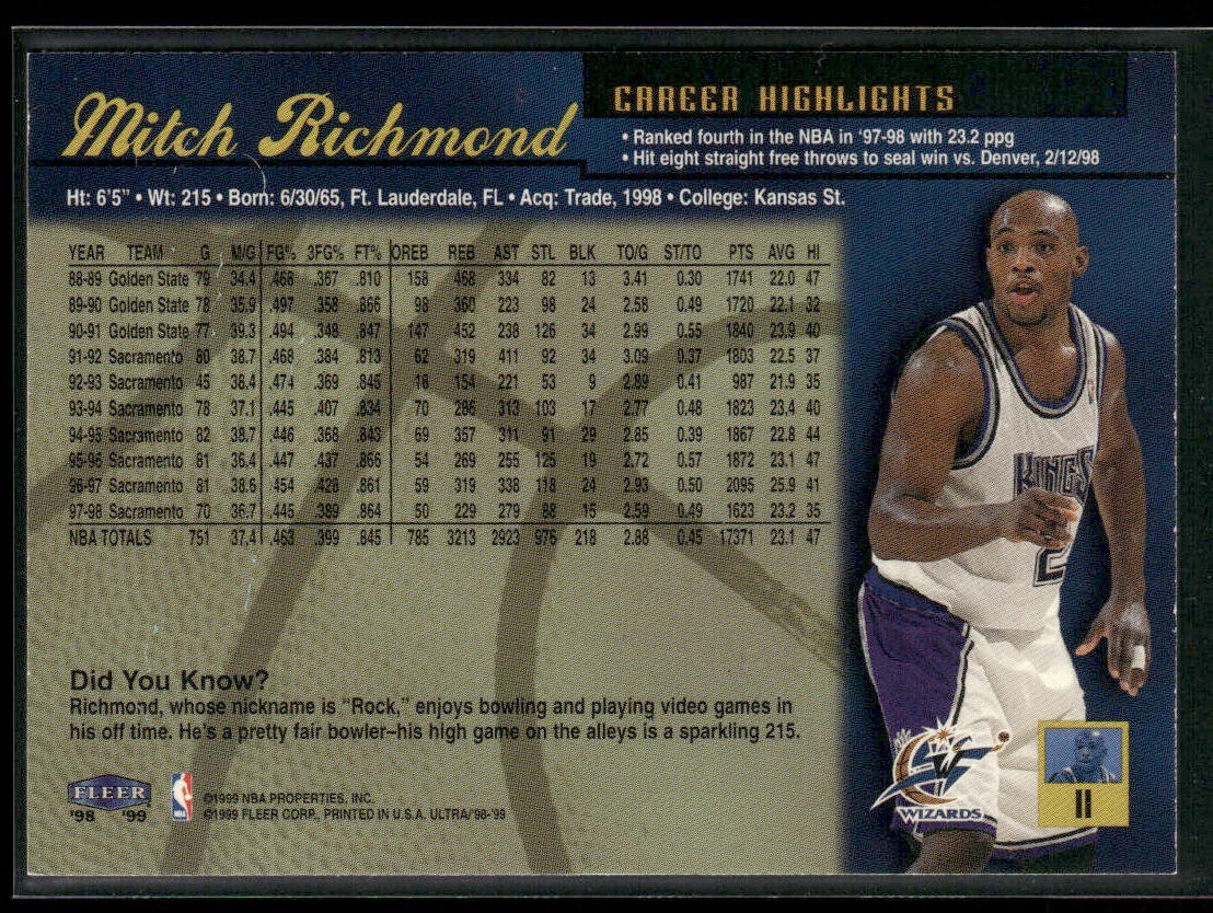 Mitch Richmond Player Lot Bundle 10 Basketball Cards MR002 Kings back