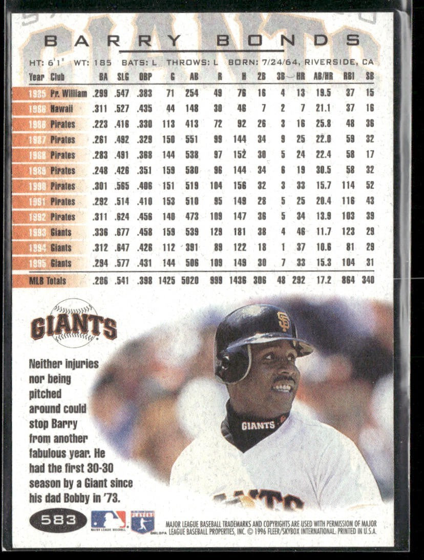 Barry Bonds Player Lot Bundle 10 Different Baseball Cards BB005 Giants Pirates back