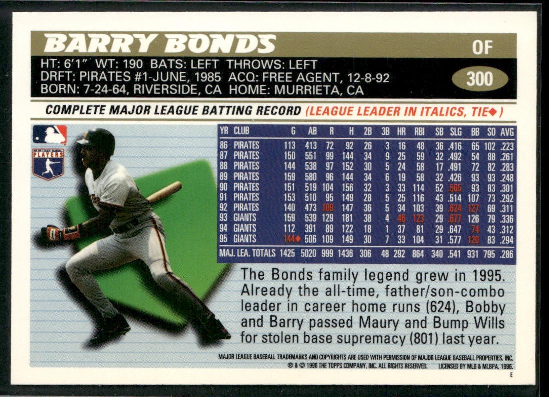 Barry Bonds Player Lot Bundle 10 Different Baseball Cards BB004 Giants Pirates back