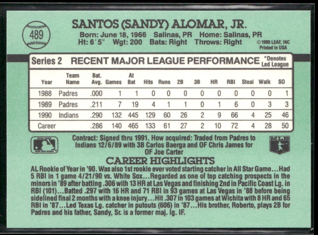 Sandy Alomar Jr. Lot Bundle 10 Different Baseball Cards SAJ001 Indians 2 RC back