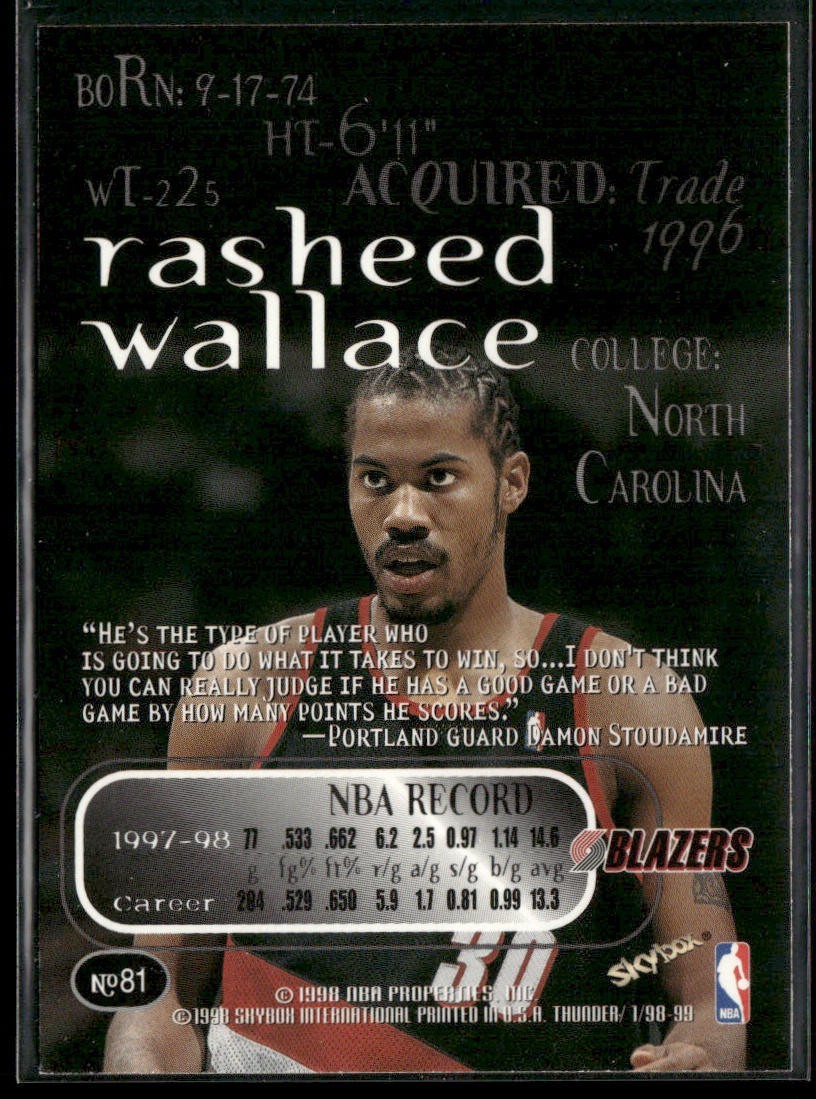 Rasheed Wallace Player Lot Bundle 10 Basketball Cards RW001 Bullets 1 RC back