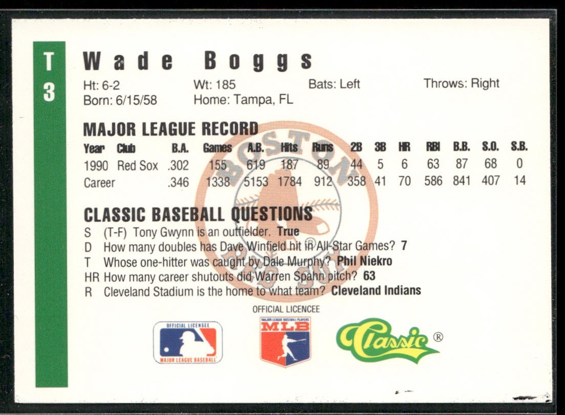 Wade Boggs Player Lot Bundle 10 Different Baseball Cards WB001 Red Sox back