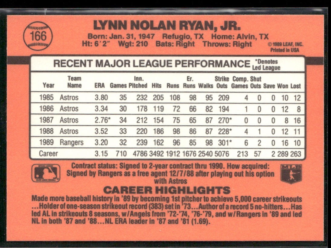 Nolan Ryan Player Lot Bundle 10 Different Baseball Cards NR003 Rangers back