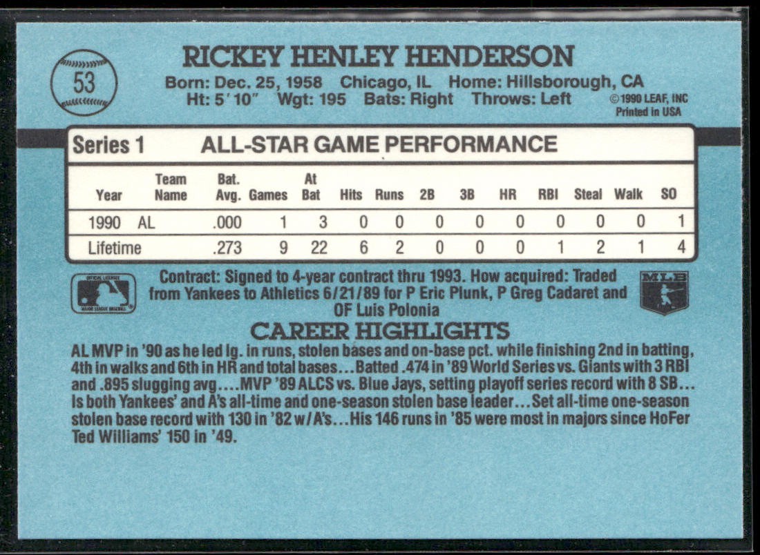 Rickey Henderson Lot Bundle 10 Different Baseball Cards RH001 Athletics back