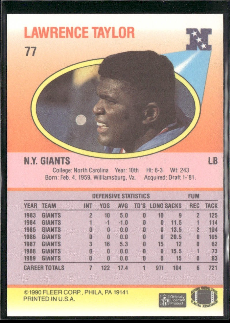 Lawrence Taylor Player Lot Bundle 10 Different Football Cards LT004 Giants back