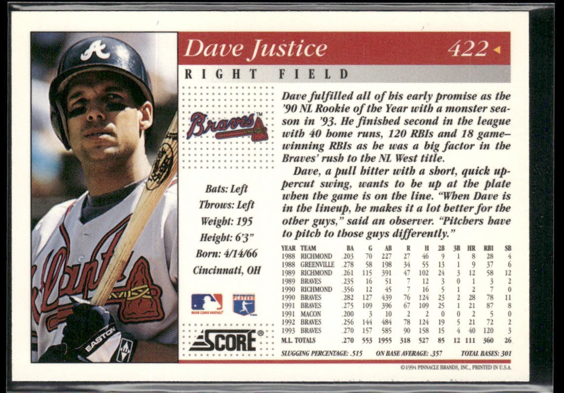 David Justice Player Lot Bundle 11 Different Baseball Cards DJ001 Braves back