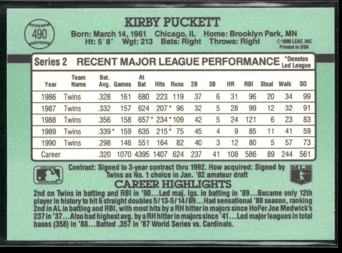 Kirby Puckett Player Lot Bundle 10 Different Baseball Cards KP001 Twins back