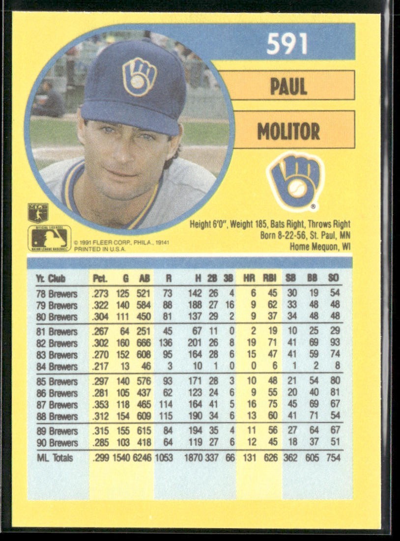 Paul Molitor Player Lot Bundle 10 Different Baseball Cards PM001 Brewers back