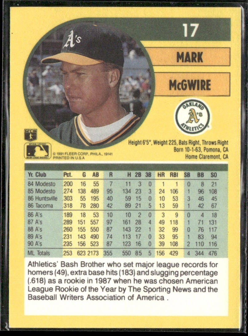 Mark McGwire Player Lot Bundle 10 Different Baseball Cards MM003 Athletics back