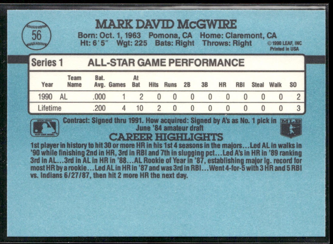 Mark McGwire Player Lot Bundle 10 Different Baseball Cards MM002 Athletics back