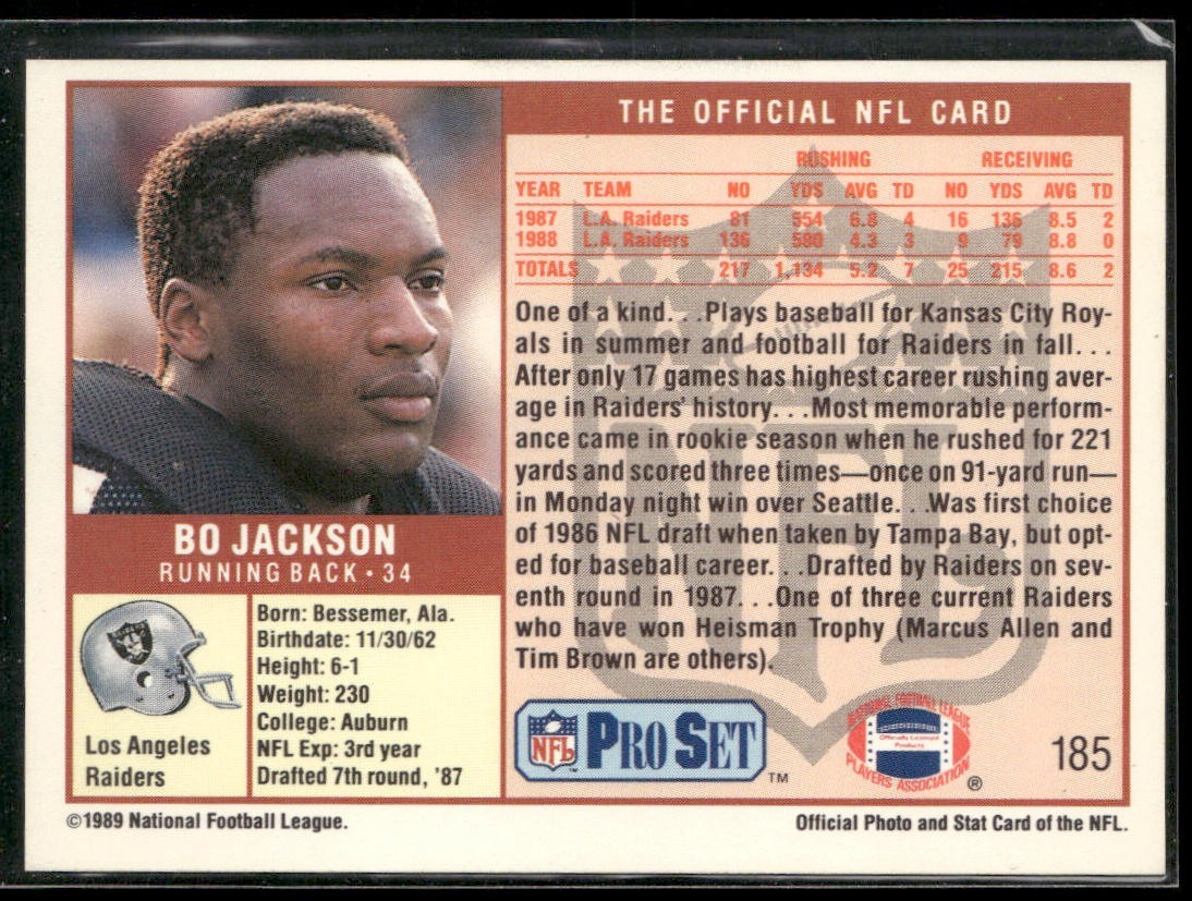 Bo Jackson Player Lot Bundle 10 Different Football Cards BOJ002 Raiders back