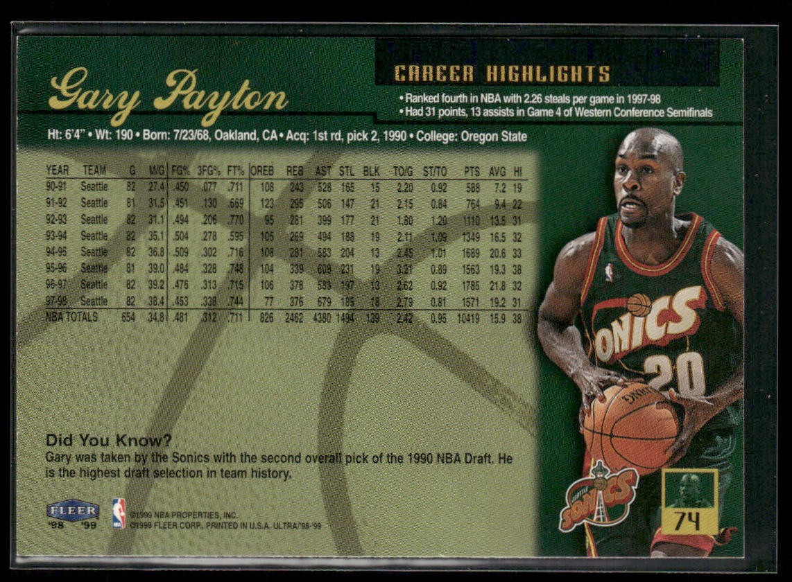 Gary Payton Player Lot Bundle 10 Basketball Cards GP001 Supersonics back