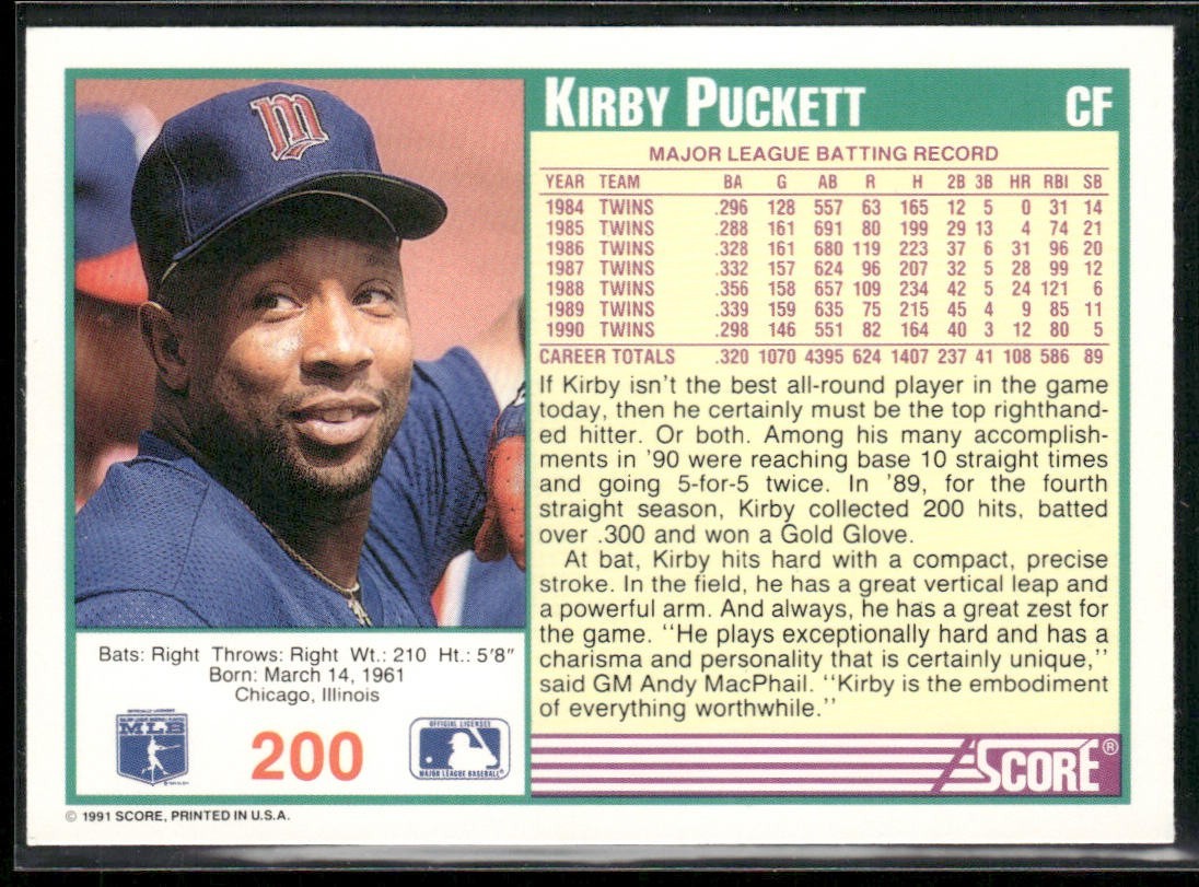 Kirby Puckett Player Lot Bundle 10 Different Baseball Cards KP002 Twins back
