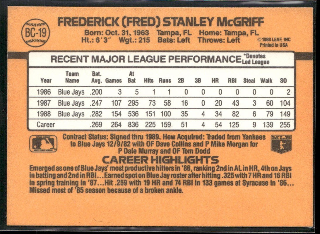 Fred McGriff Player Lot Bundle 10 Different Baseball Cards FM001 Blue Jays back