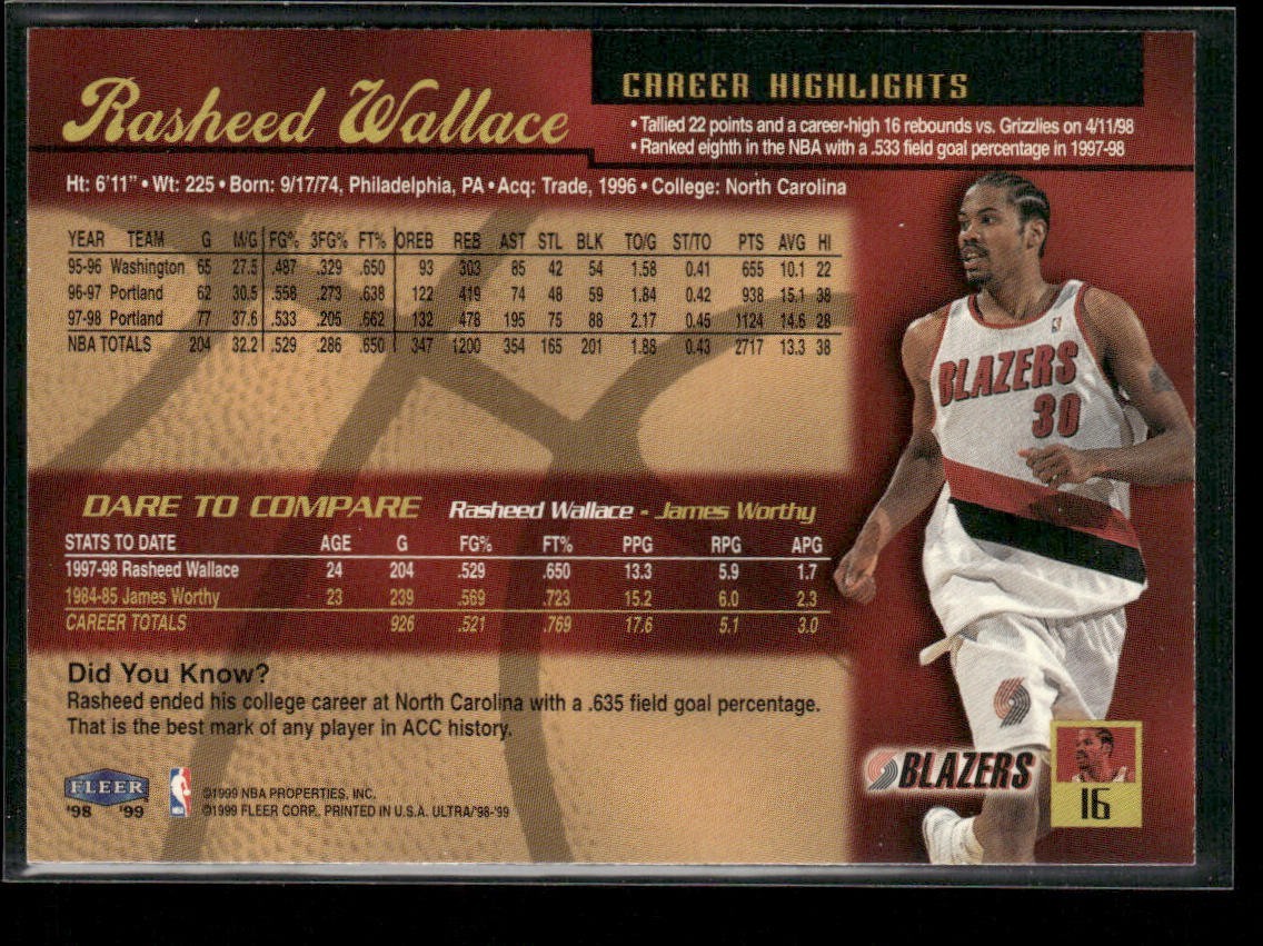 Rasheed Wallace Player Lot Bundle 10 Basketball Cards RW001 Bullets 1 RC back