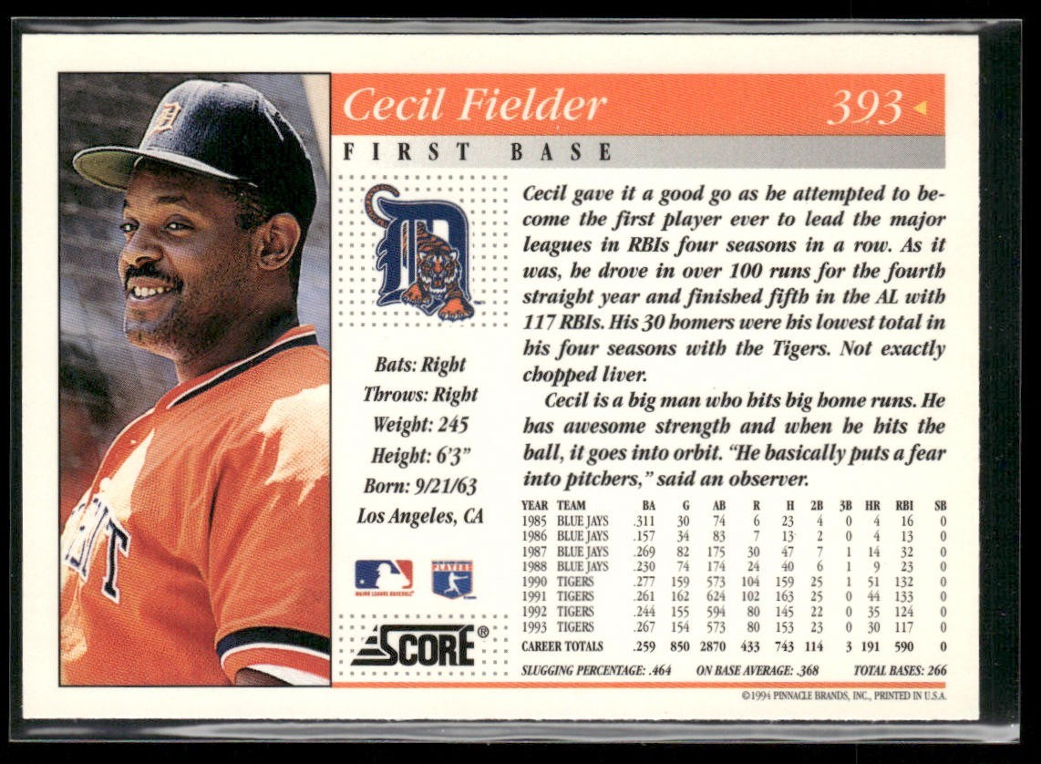 Cecil Fielder Player Lot Bundle 10 Different Baseball Cards CF001 Tigers back