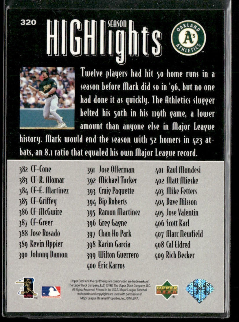 Mark McGwire Player Lot Bundle 10 Different Baseball Cards MM003 Athletics back