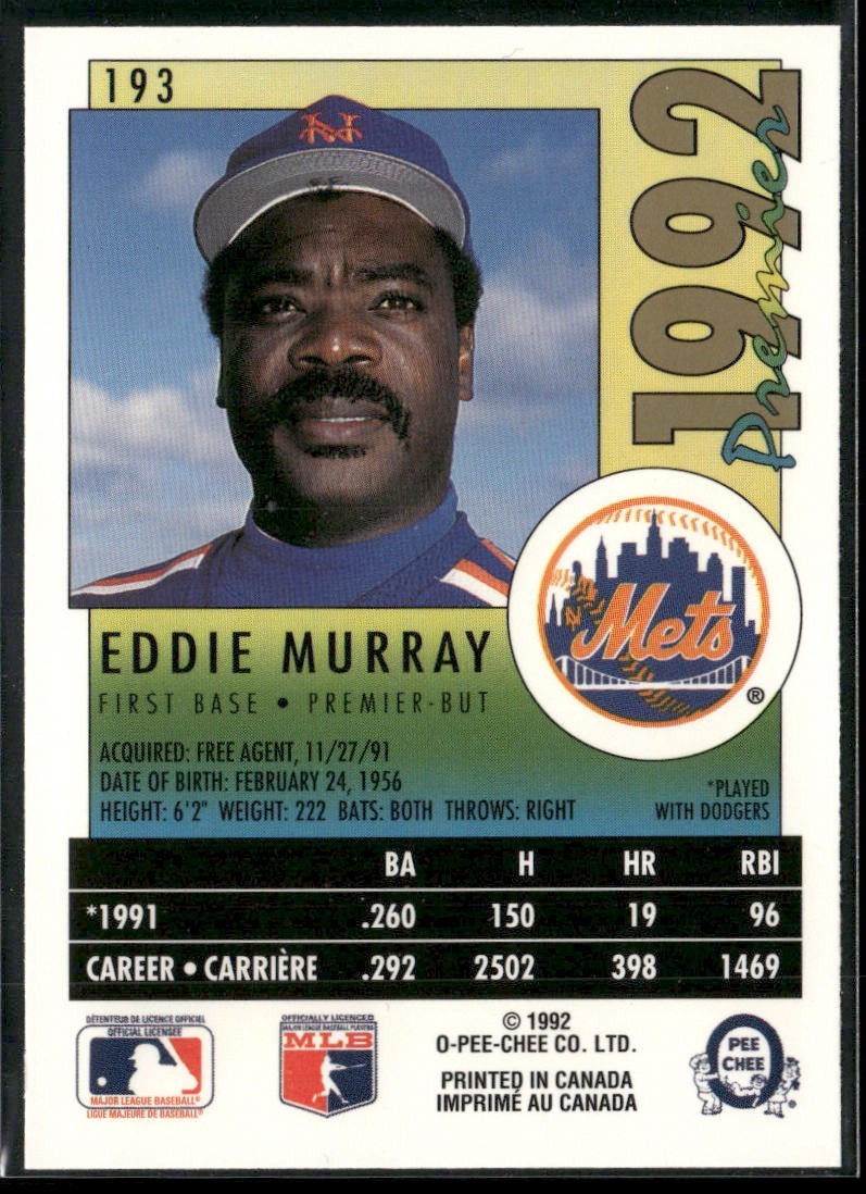 Eddie Murray Player Lot Bundle 10 Different Baseball Cards EM001 Orioles Mets back