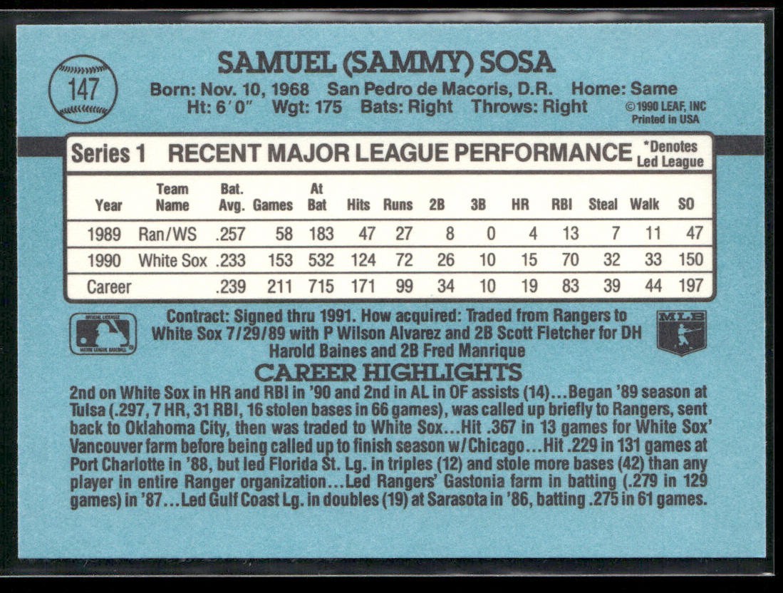 Sammy Sosa Lot Bundle 10 Different Baseball Cards SS001 Cubs back