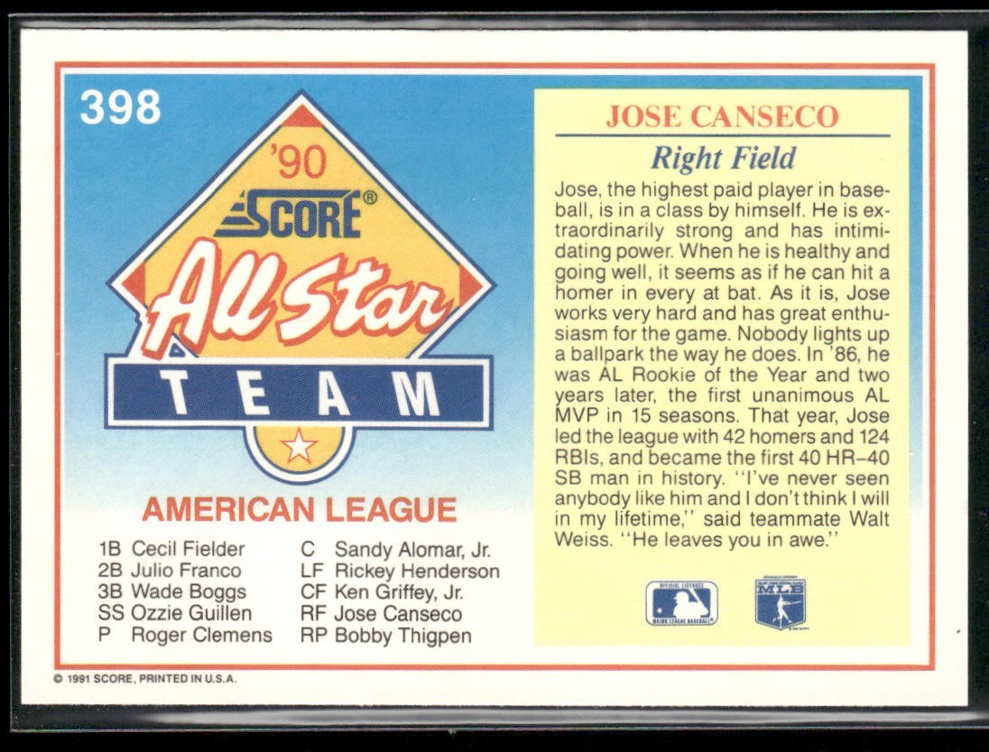 Jose Canseco Player Lot Bundle 10 Different Baseball Cards JC001 Athletics back