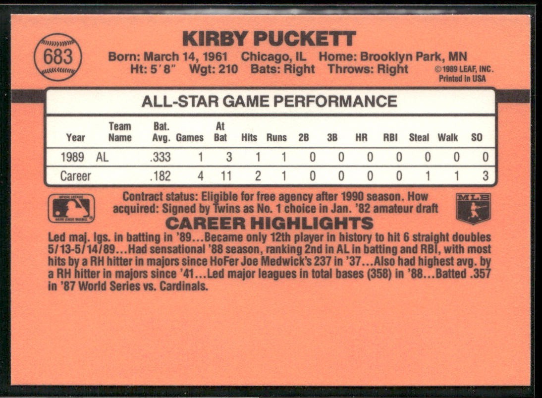 Kirby Puckett Player Lot Bundle 10 Different Baseball Cards KP002 Twins back
