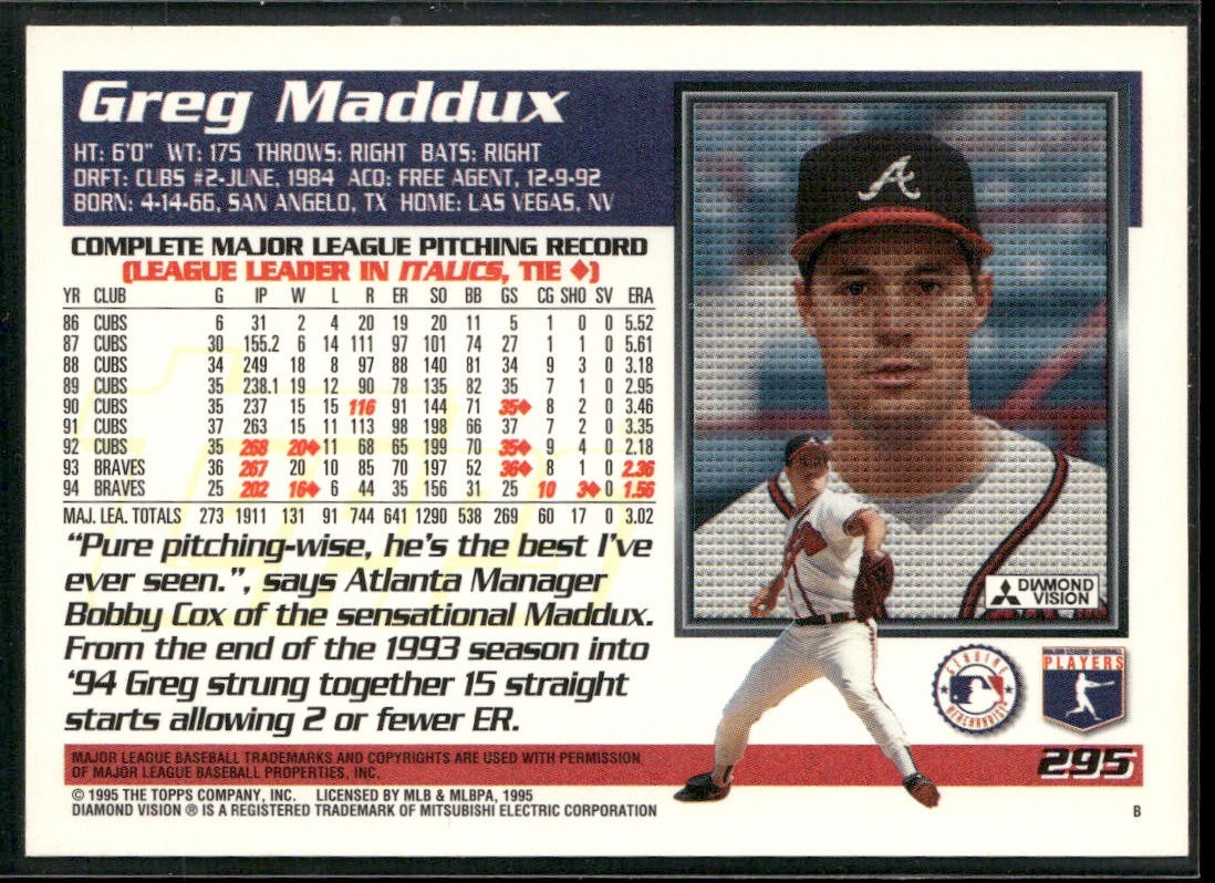 Greg Maddux Player Lot Bundle 10 Different Baseball Cards GM001 Braves back