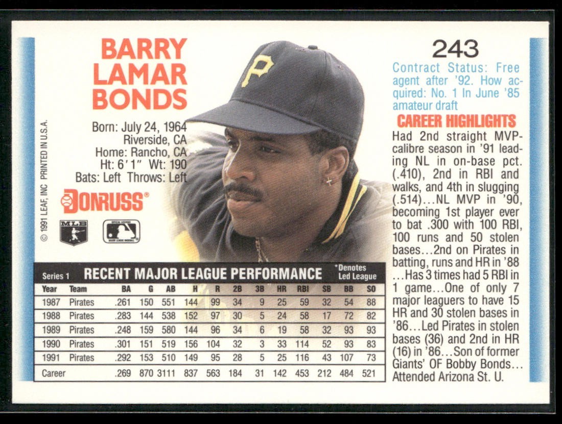 Barry Bonds Player Lot Bundle 10 Different Baseball Cards BB003 Giants Pirates back