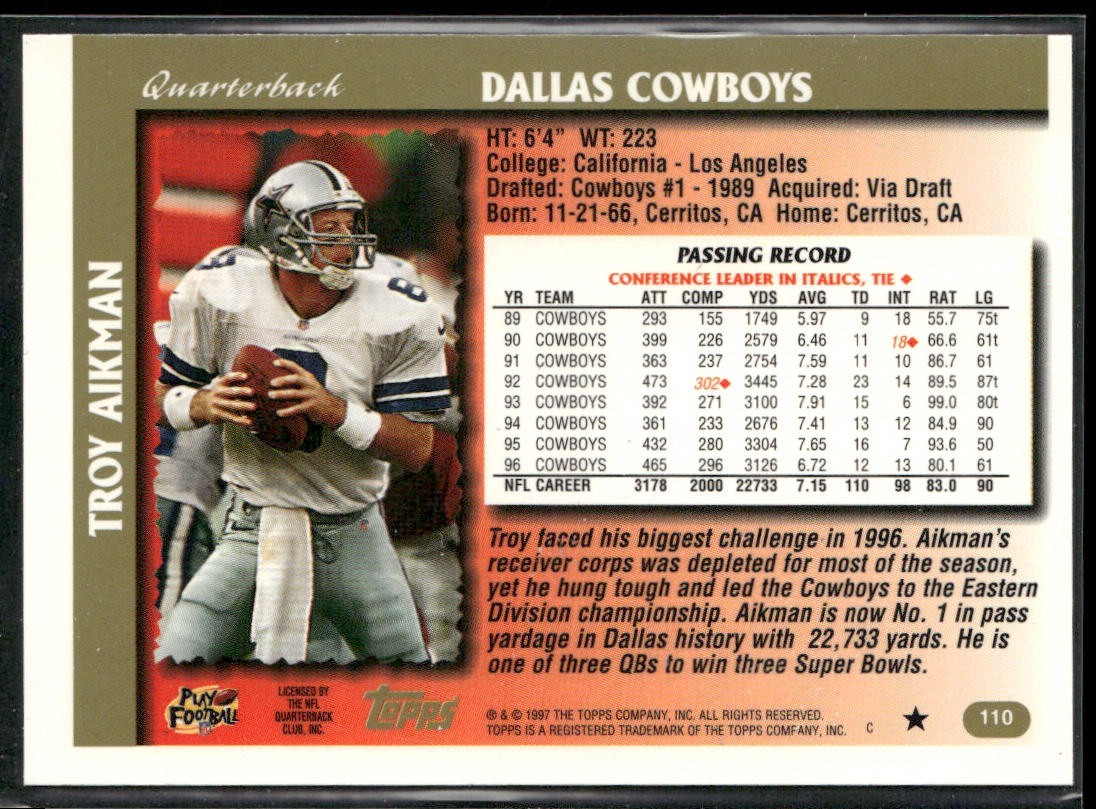 Troy Aikman Player Lot Bundle 10 Different Football Cards TA005 Cowboys back