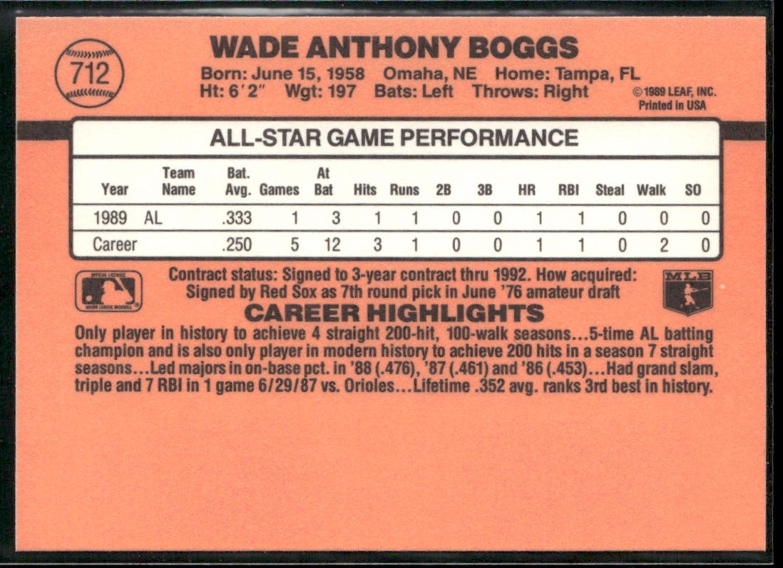 Wade Boggs Player Lot Bundle 10 Different Baseball Cards WB001 Red Sox back