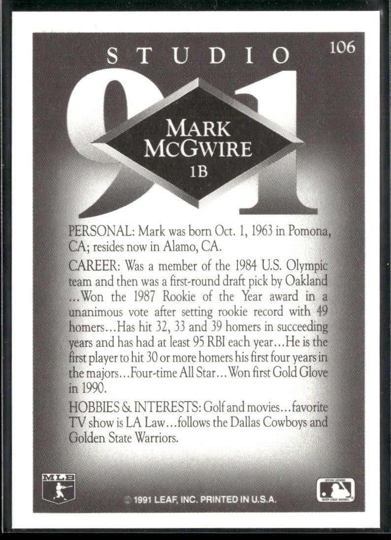 Mark McGwire Player Lot Bundle 10 Different Baseball Cards MM002 Athletics back