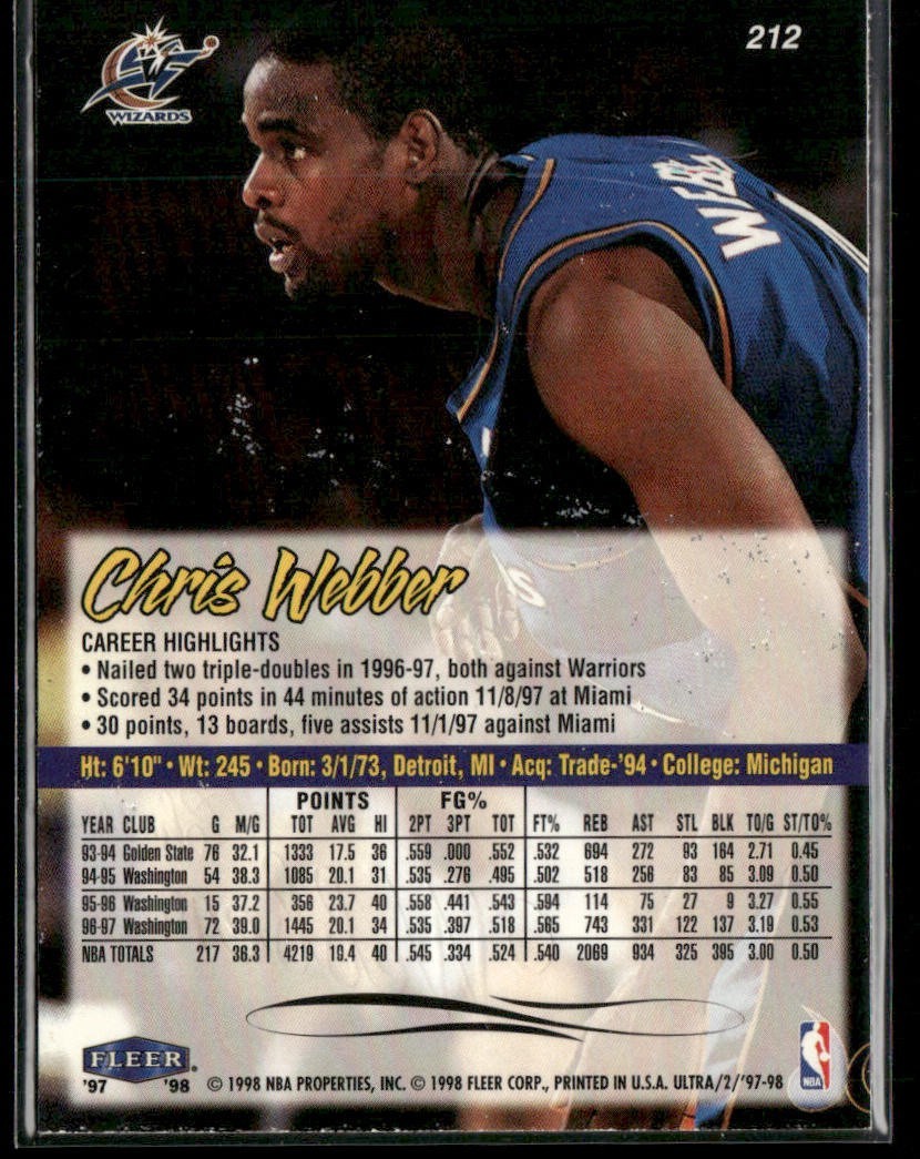 Chris Webber Player Lot Bundle 10 Basketball Cards CW002 Warriors 1 RC back