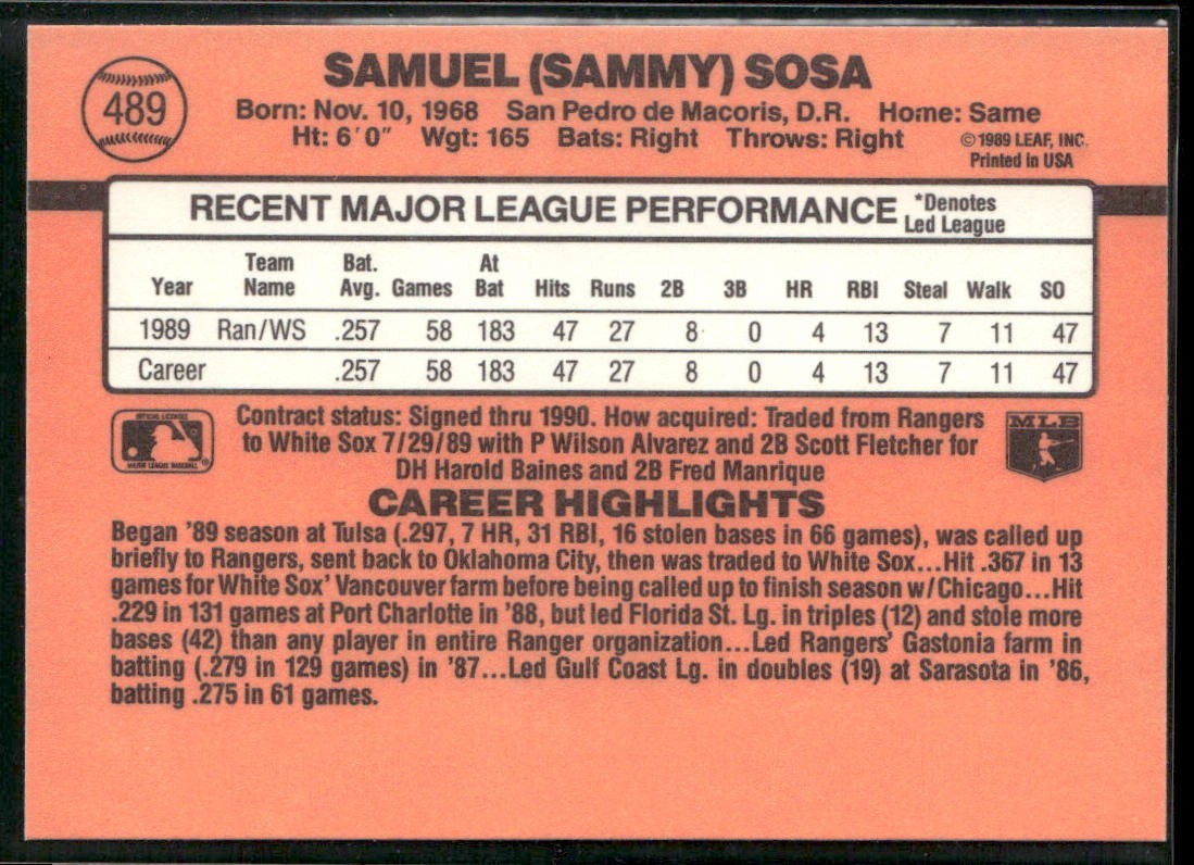 Sammy Sosa Lot Bundle 10 Different Baseball Cards SS001 Cubs back