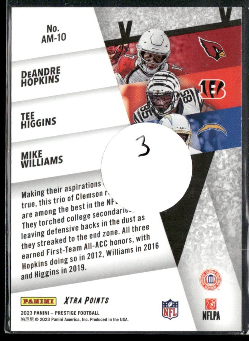 2023 Prestige DeAndre Hopkins, Tee Higgins, Mike Williams Alma Maters Blue /249 back