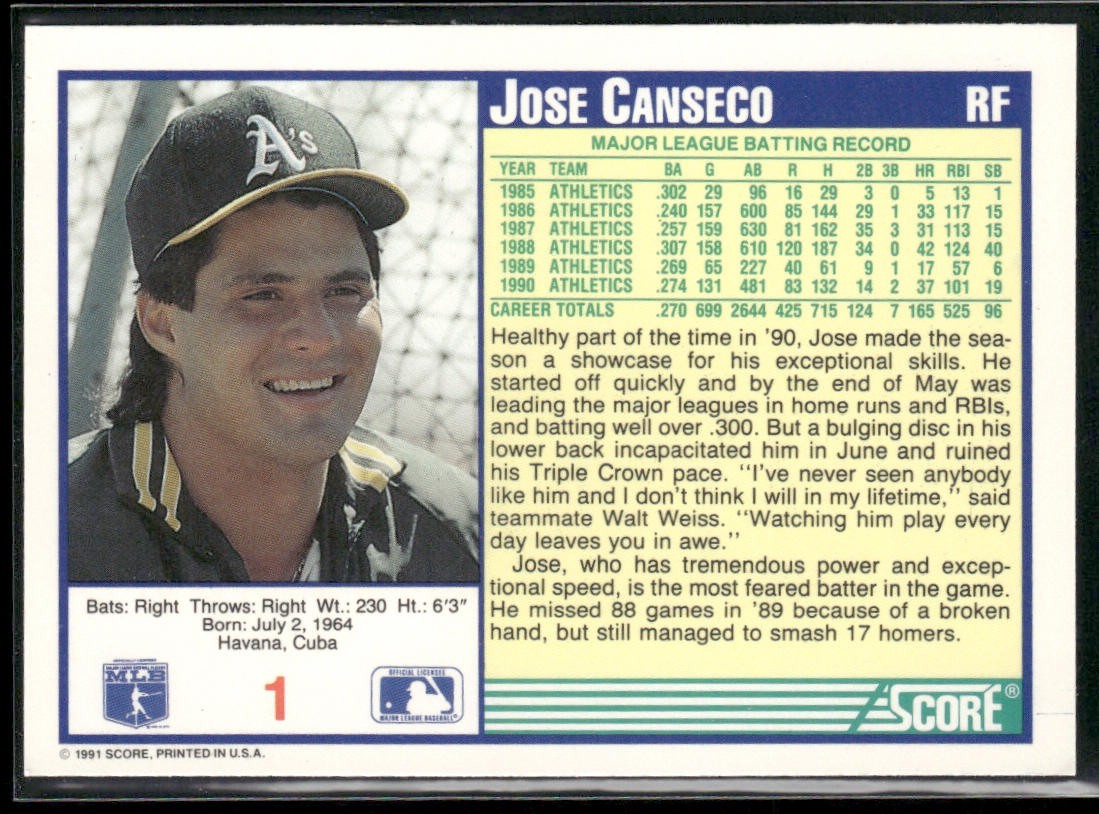 Jose Canseco Player Lot Bundle 10 Different Baseball Cards JC001 Athletics back