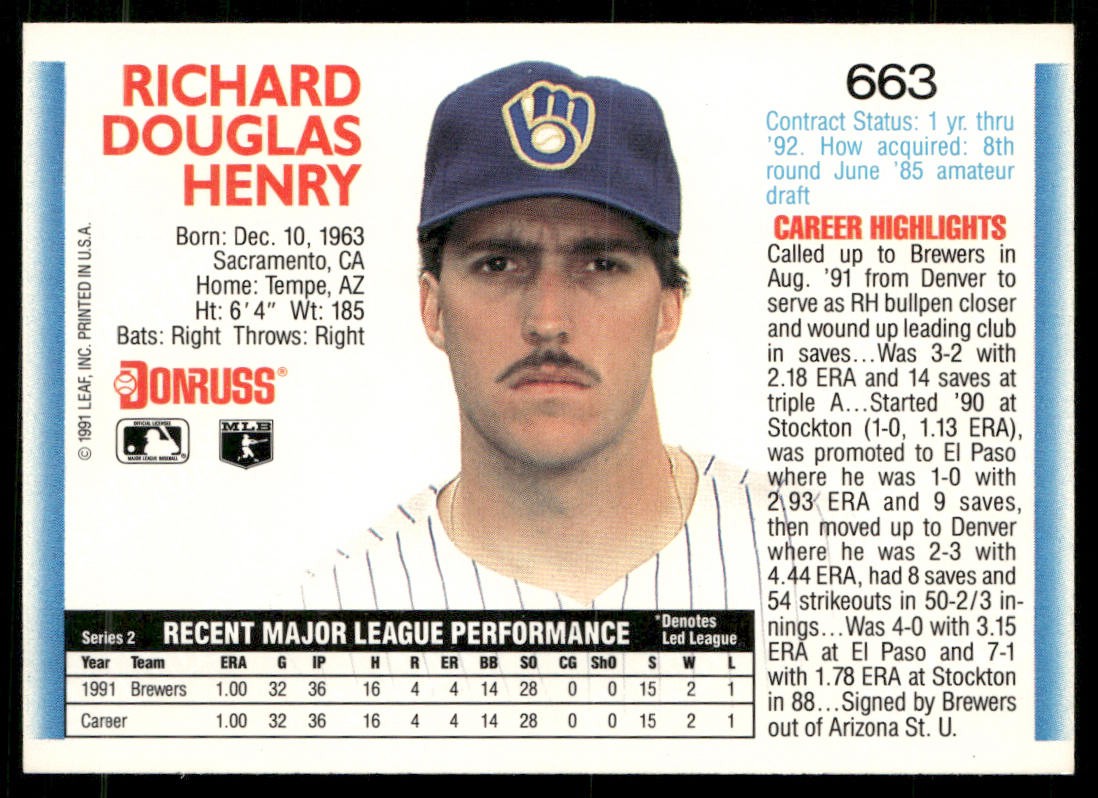 Doug Henry 1992 Donruss #663b RC Milwaukee Brewers back