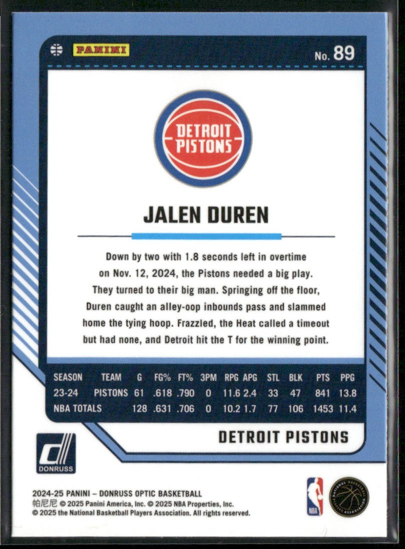 Jalen Duren 2024-25 Donruss Optic #89 Detroit Pistons back
