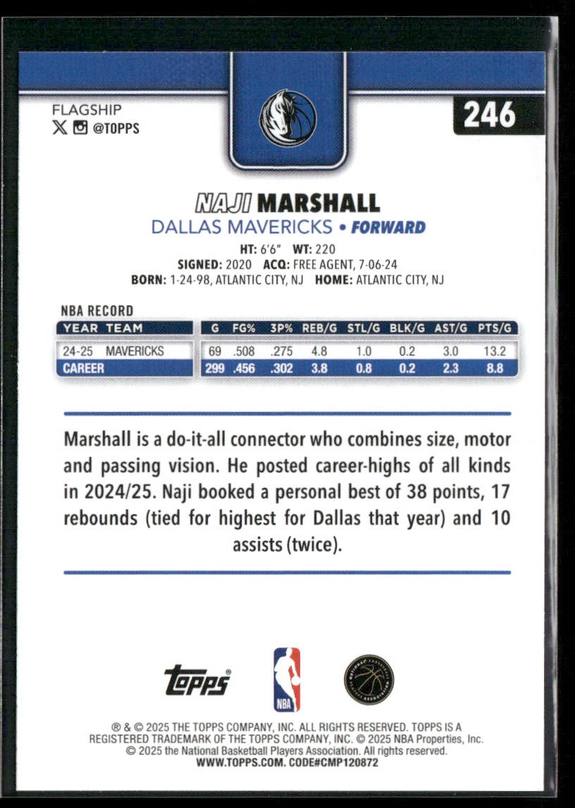 Naji Marshall 2025-26 Topps #246 Dallas Mavericks back