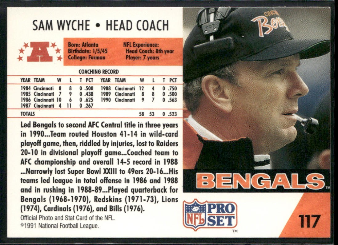 Sam Wyche 1991 Pro Set #117 Cincinnati Bengals back