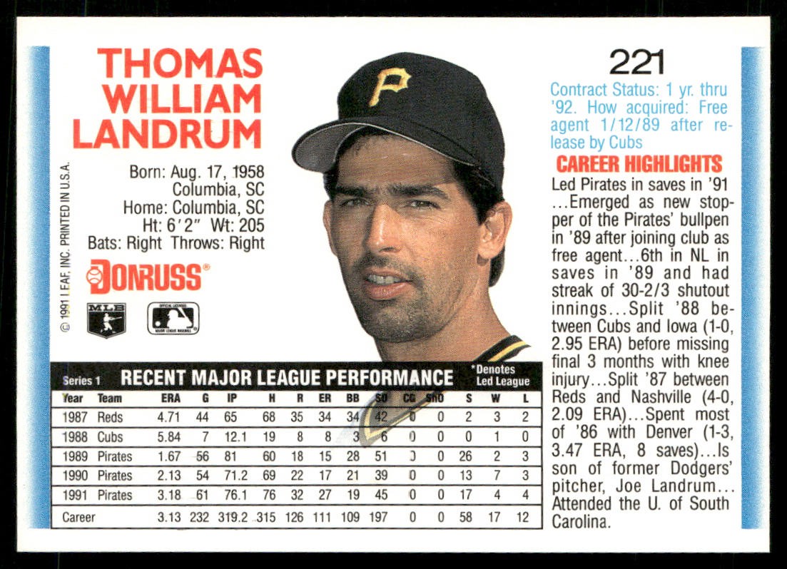 Bill Landrum 1992 Donruss #221b Pittsburgh Pirates back