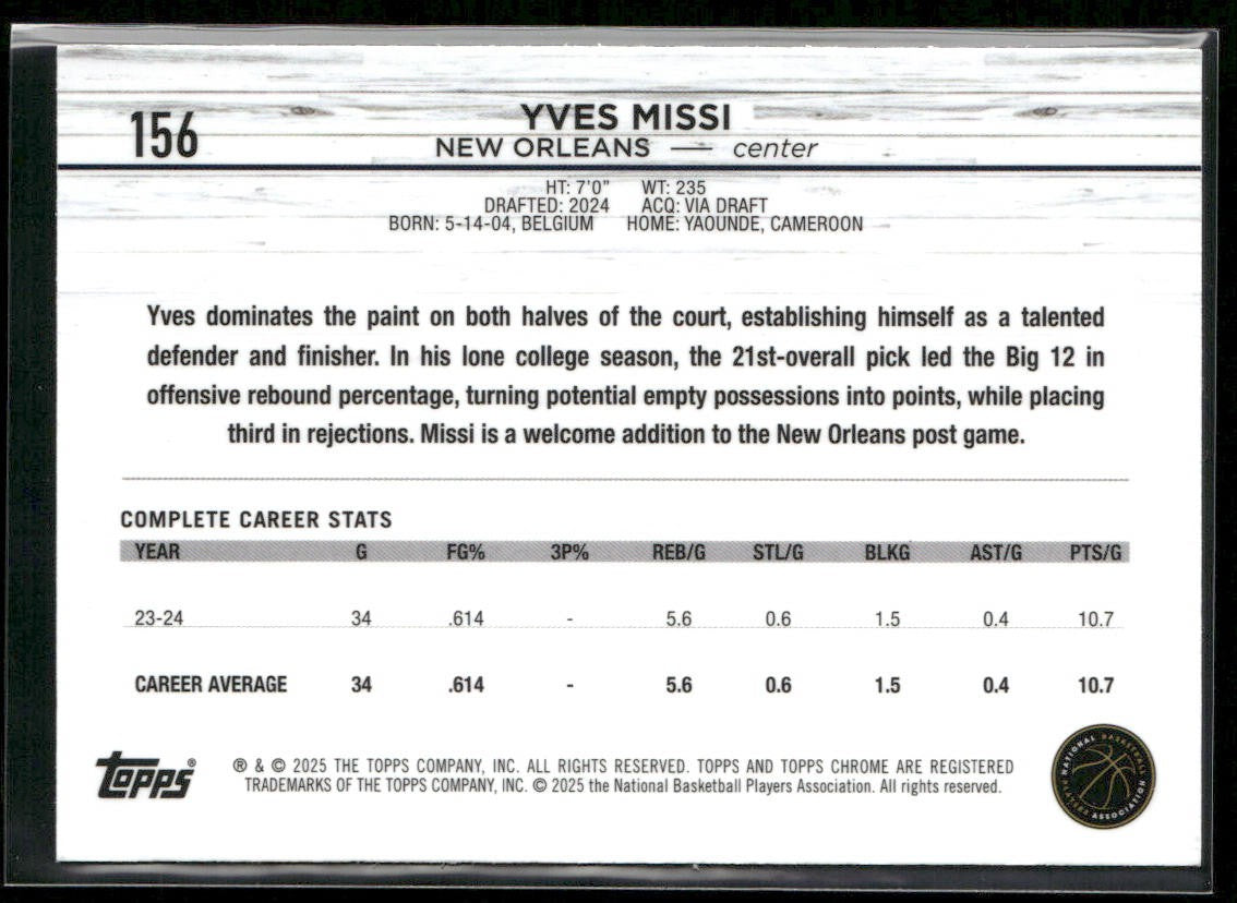 Yves Missi 2024-25 Topps Chrome #156 RC New Orleans Pelicans back