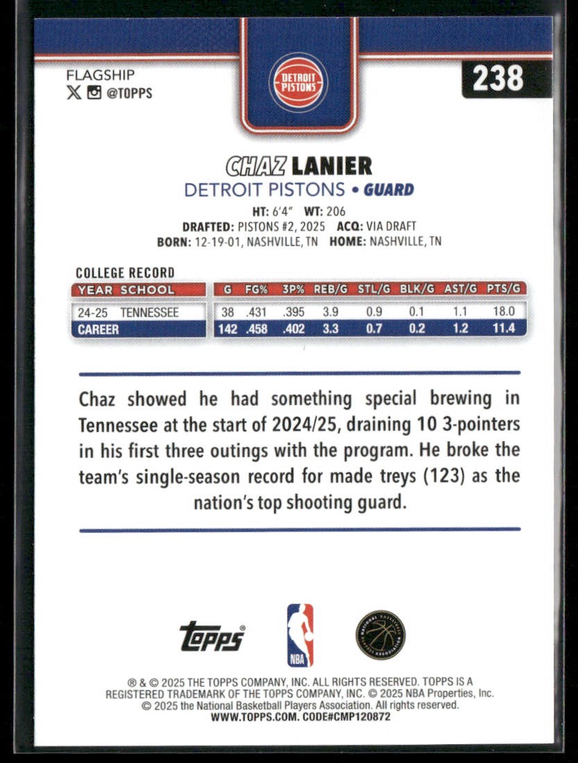 Chaz Lanier 2025-26 Topps #238 RC Detroit Pistons back