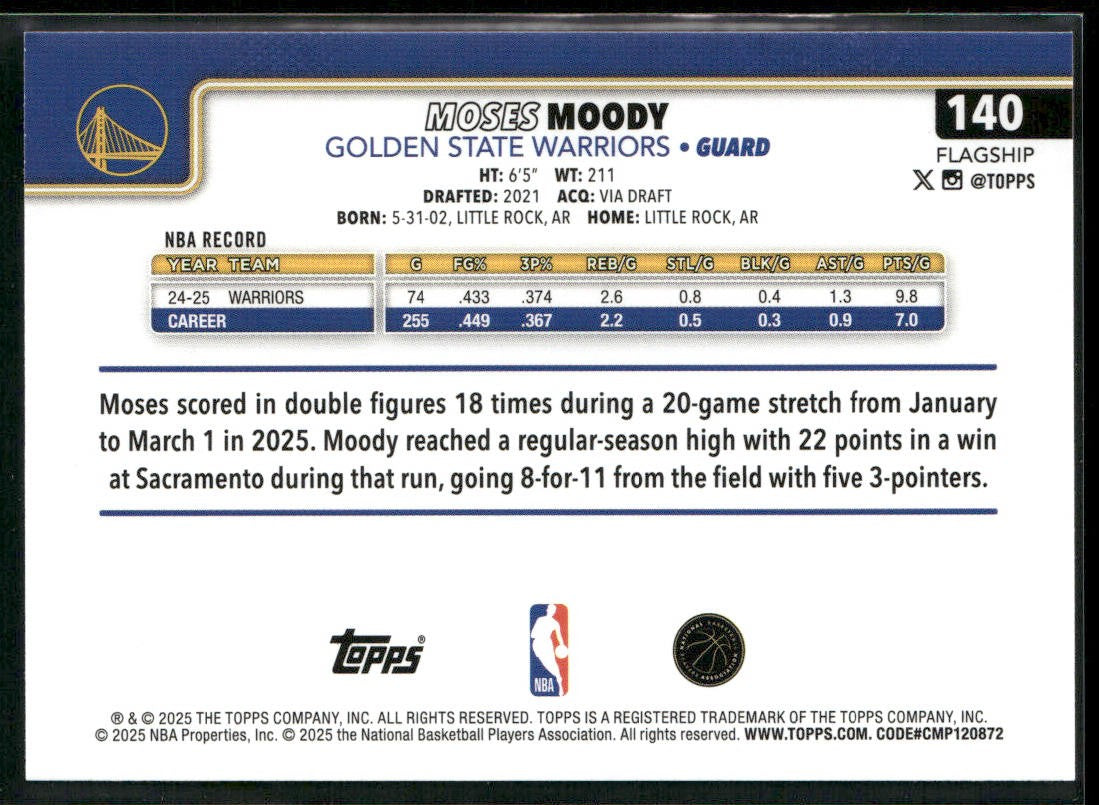Moses Moody 2025-26 Topps #140 Golden State Warriors back